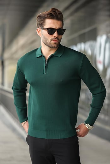 Nefti Yeşili Polo Yaka Fermuarlı Uzun Kollu Erkek Kazak 7240