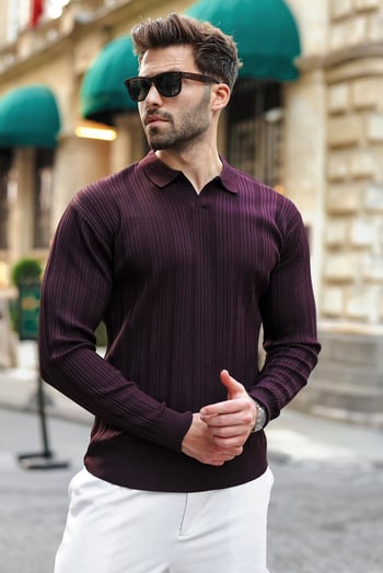 Mürdüm Polo Yaka Desenli Over Fit Erkek Triko Kazak E7517