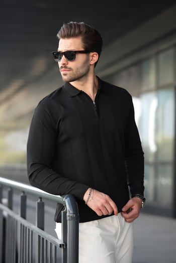 Siyah Polo Yaka Fermuarlı Erkek Kazak E7427