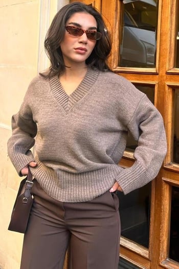 Vizon V Yaka Oversize Kadın Triko Kazak MG2149