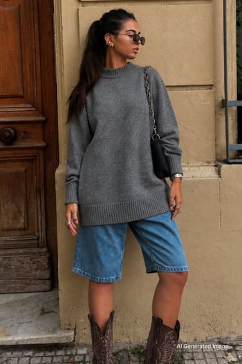 Antrasit Bisiklet Yaka Oversize Uzun Kadın Triko Kazak MG2890