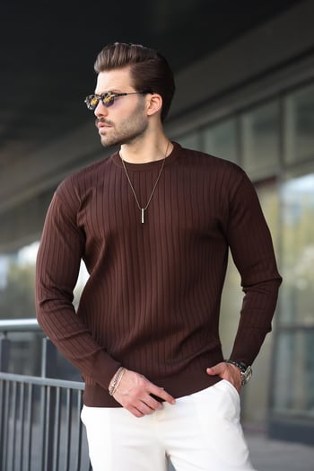 Kahverengi Bisiklet Yaka Çizgili Uzun Kollu  Kazak E7273