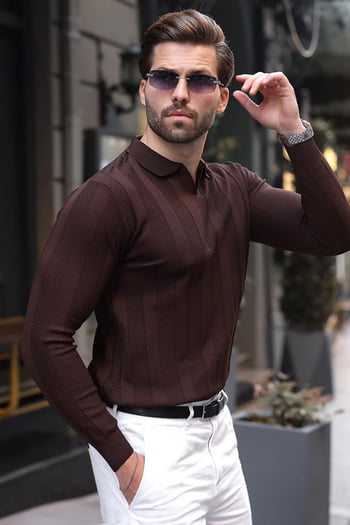 Kahverengi Regular Fit Polo Yaka Triko Erkek Kazak E7509