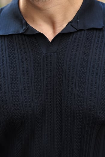 Koyu Lacivert Polo Yaka Desenli Over Fit Erkek Triko Kazak E7517