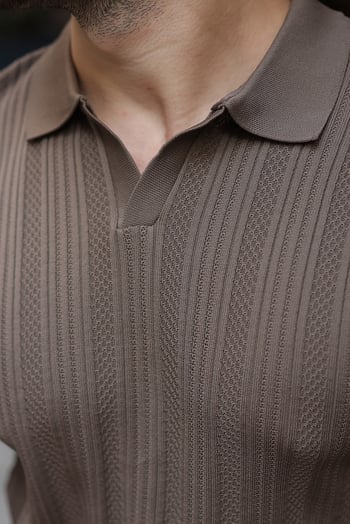 Açık Kahve Polo Yaka Desenli Over Fit Erkek Triko Kazak E7517