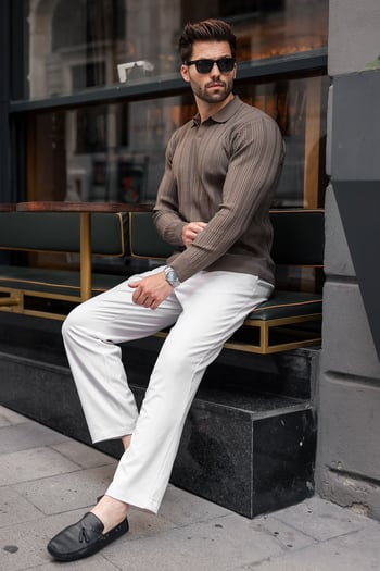 Açık Kahve Polo Yaka Desenli Over Fit Erkek Triko Kazak E7517