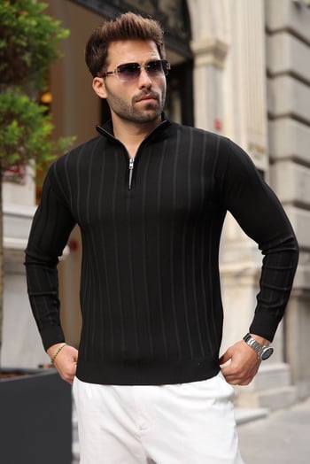 Siyah Slim Fit Hakim Yaka Fermuarlı Erkek Triko Kazak E7518  