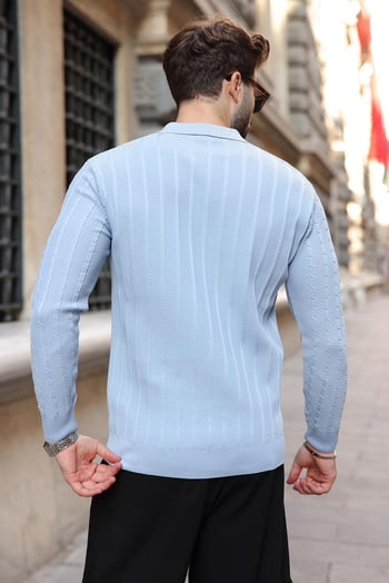 Bebe Mavisi Polo Yaka Örgü Desenli Triko Erkek Kazak E7507
