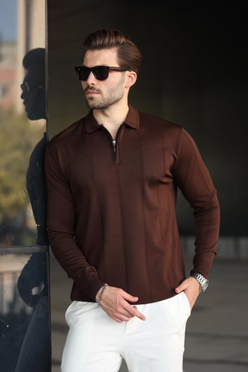 Kahverengi Polo Yaka Fermuarlı Erkek Kazak E7427
