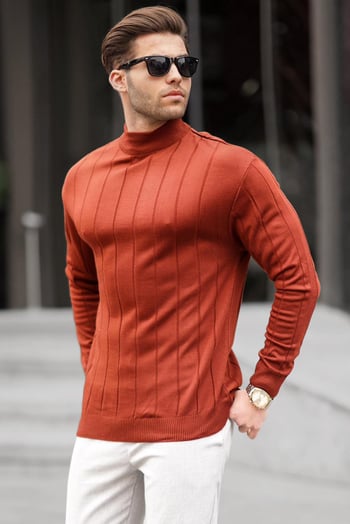 Kiremit Slim Fit Yarım Balıkçı Yaka  Çizgili Tüylenmeyen Erkek Triko Kazak 6344