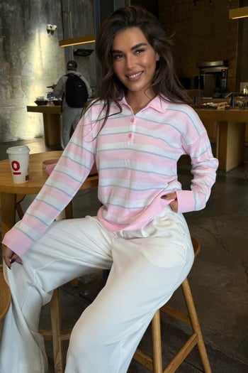 Pembe Çizgili Polo Yaka Düğmeli Kadın Kazak MG2561