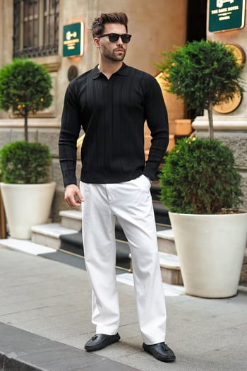 Siyah Polo Yaka Desenli Over Fit Erkek Triko Kazak E7517