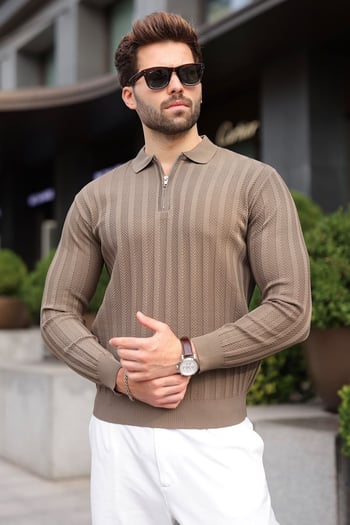 Açık Kahve Fermuarlı Polo Yaka Dokulu Erkek Triko Kazak E7523