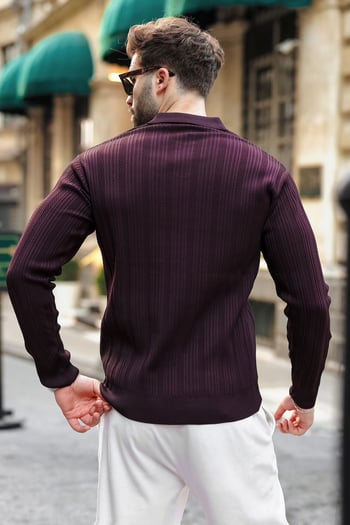 Mürdüm Polo Yaka Desenli Over Fit Erkek Triko Kazak E7517