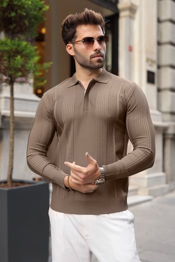 Açık Kahve Polo Yaka Slim Fit Erkek Triko Kazak E7527
