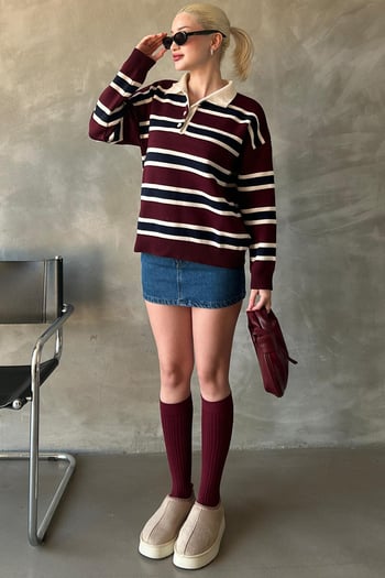 Bordo Çizgili Düğmeli Polo Yaka Kadın Triko Kazak MG2280