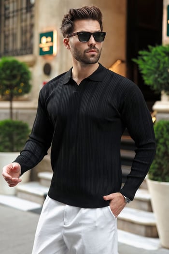 Siyah Polo Yaka Desenli Over Fit Erkek Triko Kazak E7517