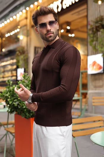 Kahverengi Polo Yaka Slim Fit Erkek Triko Kazak E7527