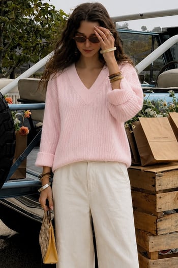 Pembe V Yaka Triko Kadın Kazak Mg2501