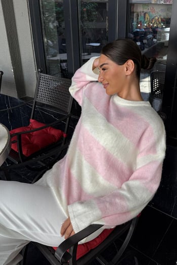 Pembe Bisiklet Yaka Çizgili Triko Kadın Kazak Mg2472