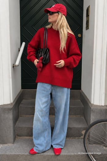 Kırmızı Bisiklet Yaka Oversize Uzun Kadın Triko Kazak MG2890
