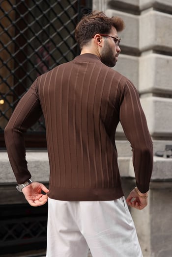 Kahverengi Slim Fit Hakim Yaka Fermuarlı Erkek Triko Kazak E7518  