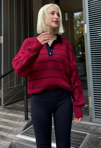 Bordo Rengi Çizgili Polo Yaka Kadın Kazak Mg2476