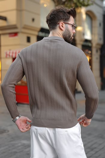 Açık Kahverengi Düğmeli Polo Yaka Desenli Over Fit Erkek Triko Kazak E7520