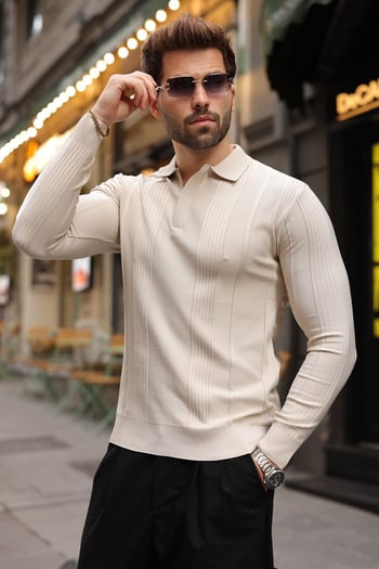 Taş Rengi Polo Yaka Slim Fit Erkek Triko Kazak E7527