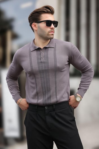 Koyu Gri Polo Yaka Çizgili Erkek Triko Kazak 7265