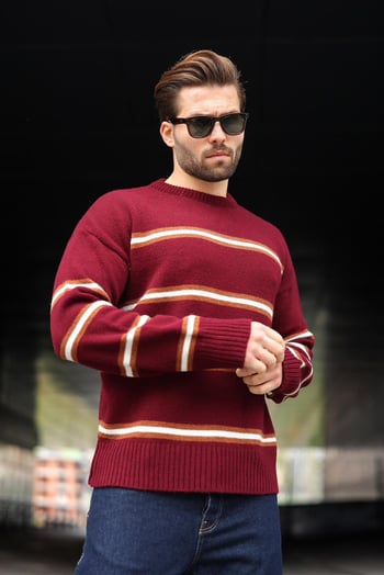 Bordo Çizgili Triko Erkek Kazak E7457