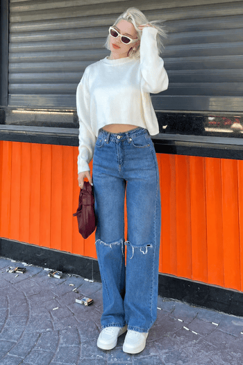 Krem Bisiklet Yaka Crop Kadın Kazak MG2166