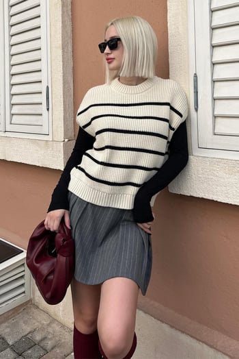 Ekru Çizgili Triko Süveter MG2159