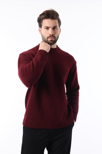 Bordo Bisiklet Yaka Overfit Erkek Triko Kazak E7402