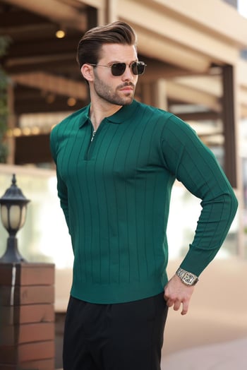 Yeşil Polo Yaka Fermuarlı Örme Kazak 7242