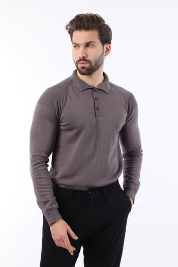 Koyu Gri Polo Yaka Dokulu Uzun Kollu Kazak E7264