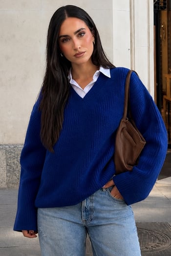Saks V Yaka Triko Kadın Kazak Mg2501