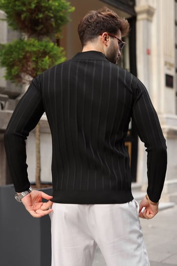 Siyah Slim Fit Hakim Yaka Fermuarlı Erkek Triko Kazak E7518  