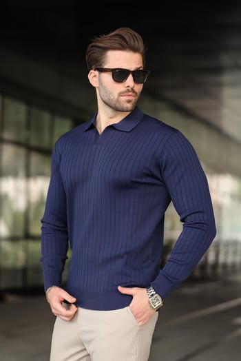 Lacivert Polo Yaka Çizgili Uzun Kollu Kazak 7239