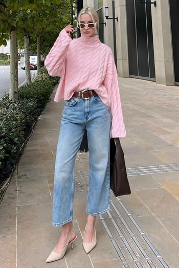Pembe Balıkçı Yaka Örme Triko Kazak MG2172