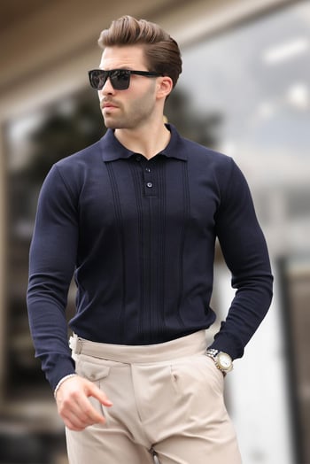 Lacivert Polo Yaka Çizgili Erkek Triko Kazak 7265