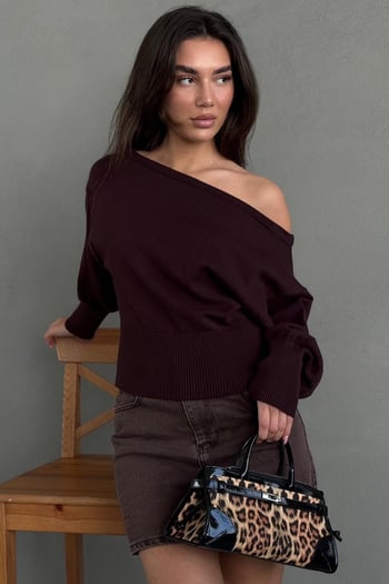 Kahverengi Ribbed Asimetrik Kesimli Kadın Kazak MG2744