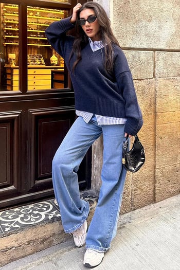 Lacivert V Yaka Oversize Kadın Triko Kazak MG2149