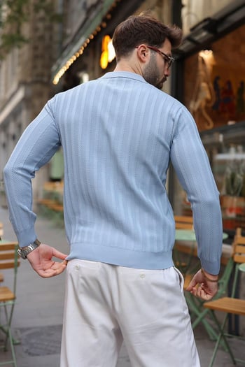 Bebe Mavisi Fermuarlı Polo Yaka Dokulu Erkek Triko Kazak E7523