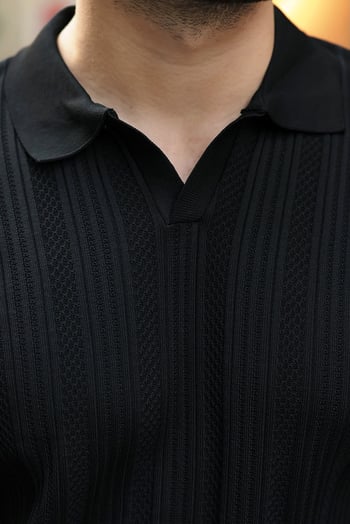 Siyah Polo Yaka Desenli Over Fit Erkek Triko Kazak E7517
