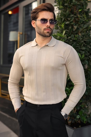 Taş Rengi Regular Fit Polo Yaka Triko Erkek Kazak E7509