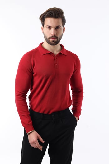 Kırmızı Polo Yaka Dokulu Uzun Kollu Kazak E7264