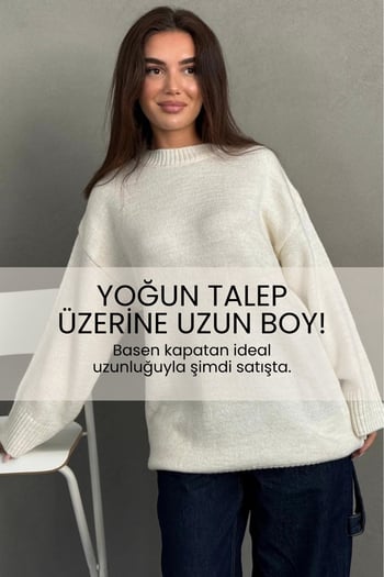 Ekru Bisiklet Yaka Oversize Uzun Kadın Triko Kazak MG2890