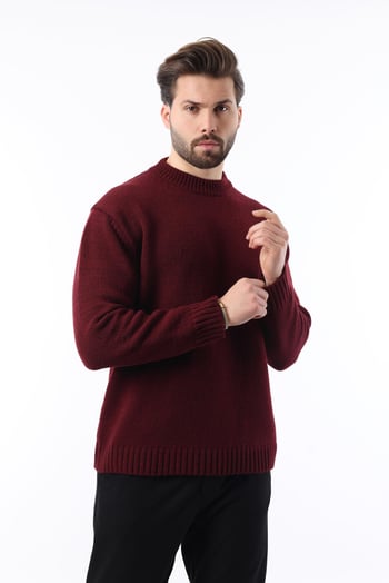 Bordo Bisiklet Yaka Overfit Erkek Triko Kazak E7402