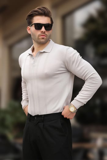 Gri Polo Yaka Çizgili Erkek Triko Kazak 7265